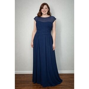 LAUREN RALPH LAUREN Evening Maxi Gown 16 Navy Cap Sleeves Pleated Bodice Formal